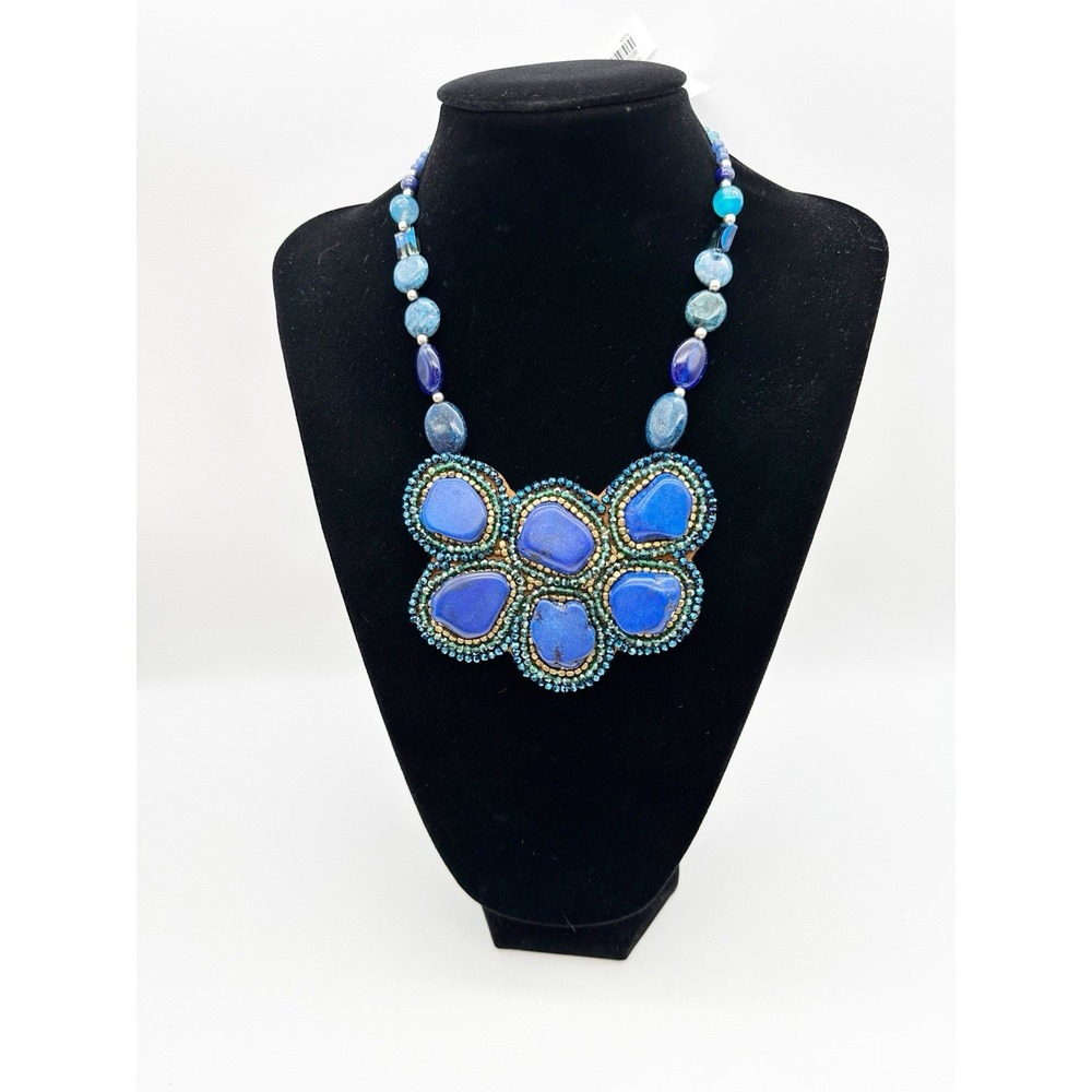 Nakamol Beaded Collar Bib Blue Statement Necklace Stone Glass‎ Rhinestones NWT